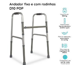 Andador Alumínio com Barra Fixo, Móvel e Dobrável D10 Pop - Dellamed