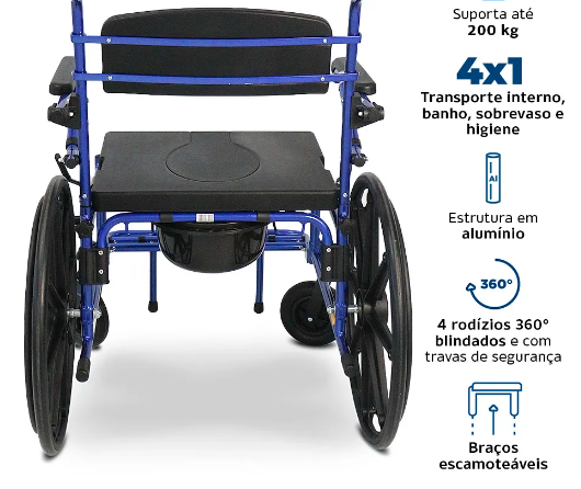 Cadeira de Banho D70 em Alumínio até 200 kg Assento 51 cm - Dellamed
