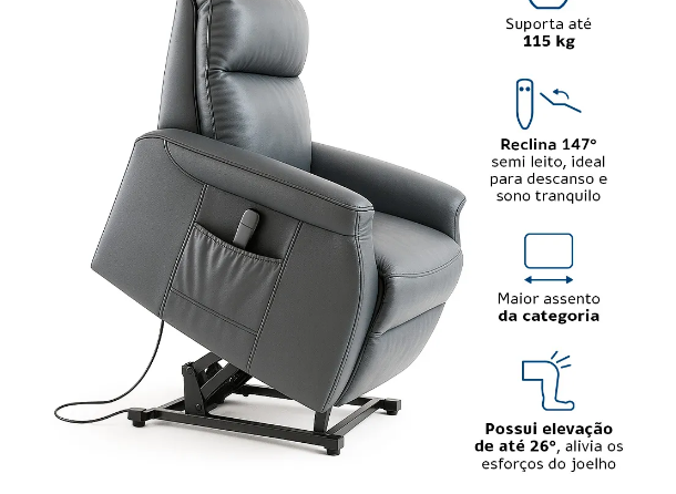 Poltrona Leito do Vovô Reclinável e Elevatória Automática Elevamed - Dellamed